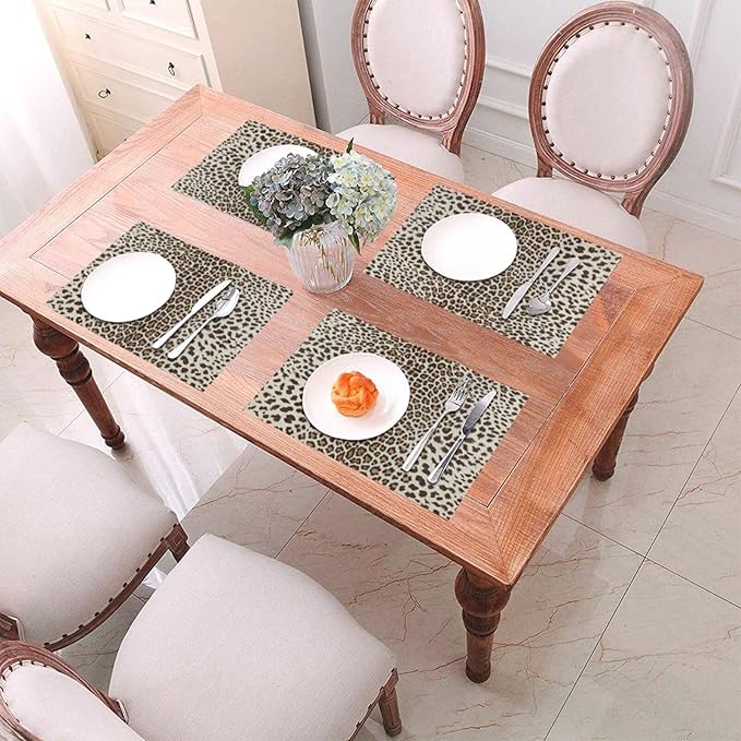 Leopard Print Placemats Set of 4,12x18 Inches Brown Cheetah Animal Print Decorative Placemats Rectangle Boho Modern Abstract Table Mats for Party Home Kitchen Dining Table Decoration
