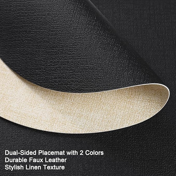 Placemats and Coasters, Washable Reversible Placemats Round Faux Leather Wipeable Place Mats Non Slip Heat Resistant Indoor Outdoor Table Mats (Set of 6, Cream Black)