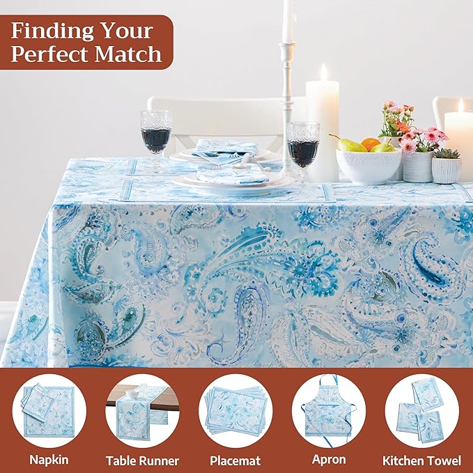 Maison d' Hermine Premium Table Cloth Rectangle Table 100% Combed Cotton 120 x 70 Inches Tablecloth Reusable Decorative for Dining Room, Farmhouse, Home, Party, Festive & Wedding - Paisley Blues