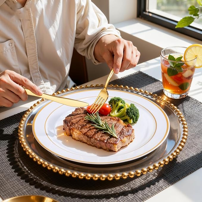 175PCS White and Gold Plastic Plates - Gold Plates with Rolled Napkins for Party - 25Guest Disposable Dinnerware Sets for Party/Wedding/Valentine's Day