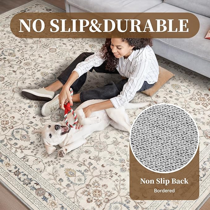 MontVoo-Vintage Area Rug 6X9 Beige Rugs for Living Room-Soft Distressed Printed Rugs for Bedroom-Non Slip Carpet-Machine Washable Rug for Dining Room Living Room Bedside Office