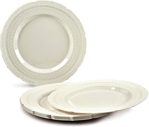 " OCCASIONS " 50 Plates Pack (25 Guests)-Extra Heavyweight Vintage Wedding Disposable/Reusable Plastic Plates -25 x 11'' Dinner + 25 x 8.25'' Salad/dessert (Chateau Collection Ivory)