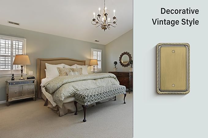 Henne Bery Rope Edge Decorative Wall Plate Switch Plate Outlet Cover (Single Blank, 2 Pack, Antique Brass)