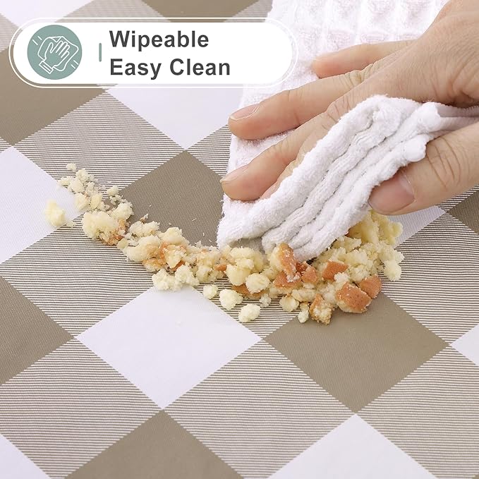 misaya Square Waterproof Vinyl Table Cloth, Buffalo Flannel Backed Tablecloth, Wipeable Plastic Table Cover for Dinner, Kitchen, Outdoor (60" x 60", Khaki and White)