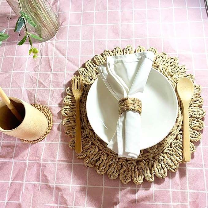 Set 12 Woven Water Hyacinth Napkin Rings | Rustic Boho Wicker Napkin Holders | Natural Farmhouse Rattan Napkin Ring for Christmas, Thanksgiving Dining Table, Wedding Party