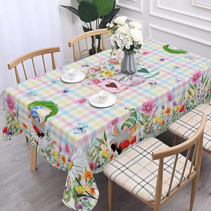 Spring Tablecloth, Rectangle 60 x 120 with Gnome Flowers, Oblong Tablecloth Buffalo Check Plaid Kitchen Table Cover for Dining Room Indoor Decor