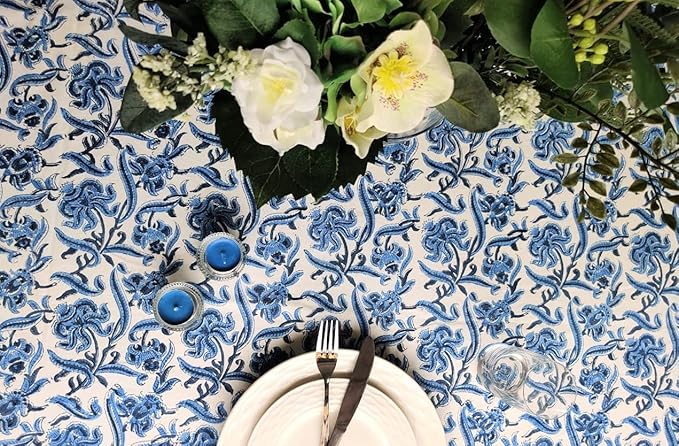 ATOSII Midnight Bloom 100% Cotton Fall Tablecloth, Handblock Print Blue Rectangle Table Cloth for Kitchen Dining Table Linen I Parties Wedding Outdoor Decor 60 X 90 Inches