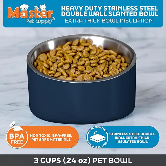 Master Pet Supply Stainless Steel Slanted Dog Cat Food Bowl - 24 oz Heavy Duty - Navy Blue, Double Wall Insulated, Non-Slip Elevated Bowl for French Bulldogs Pugs Cats, Anti Rust Dishwasher Safe