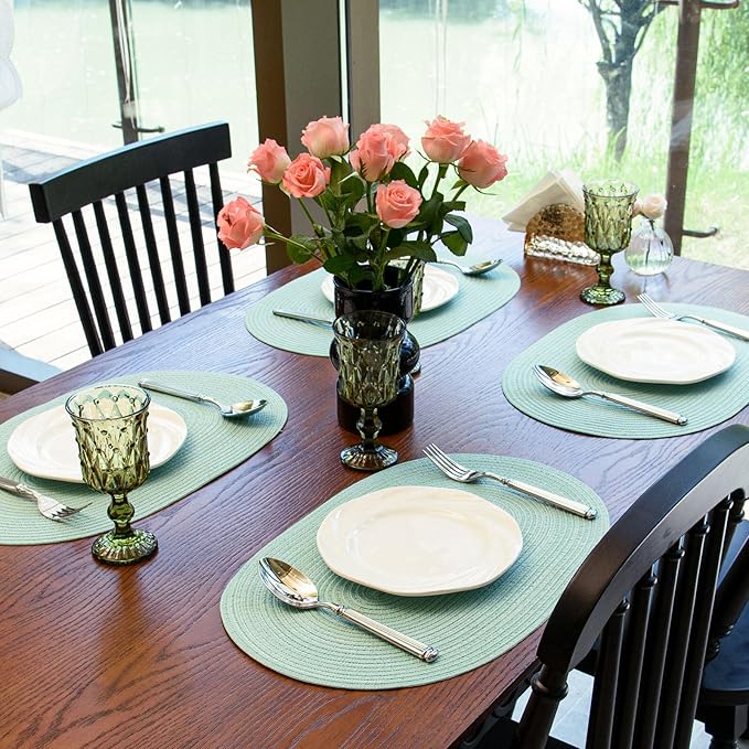 Noctiflorous Oval Braided Placemats Set of 8 Woven 12x18 Inch Non Slip Washable Heat Resistant Place Mats Round Tablemats for Dining Kitchen Party Daily Table Decor Dinner Mats (Mint Green, 8)