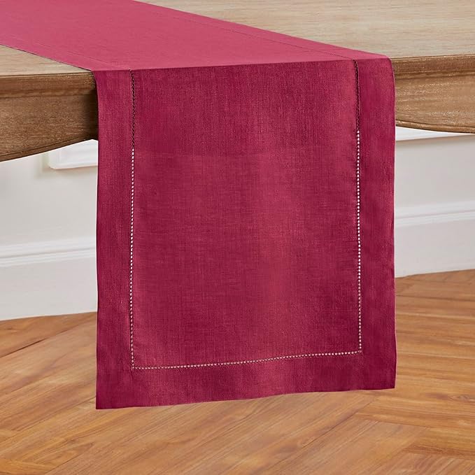 Solino Home Linen Beet Table Runner 144 Inches Long - 100% Pure Linen Extra Long Table Runner 14 x 144 Inch for Valentines, Easter - Classic Hemstitch
