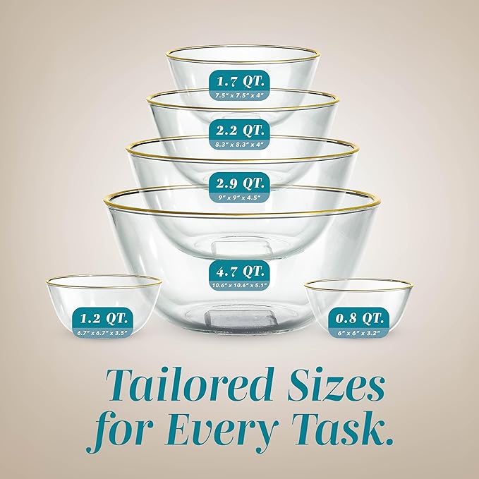 COOK WITH COLOR 12 Pc Glass Mixing Bowl Set with Lids – Borosilicate Glass Nesting Bowls for Cooking, Baking and Meal Prep, Gold Rim