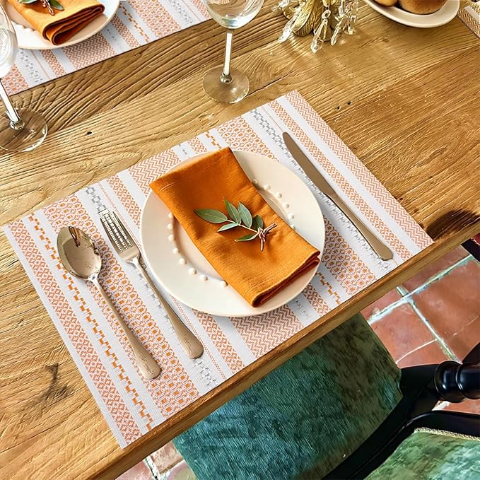 FAVE Boho Vinyl Placemats Set of 4, Durable Woven Place Mats Washable Heat Resistant PVC Table Mats for Parties,Weddings, Dining,Banquet(Orange, 4PCS)