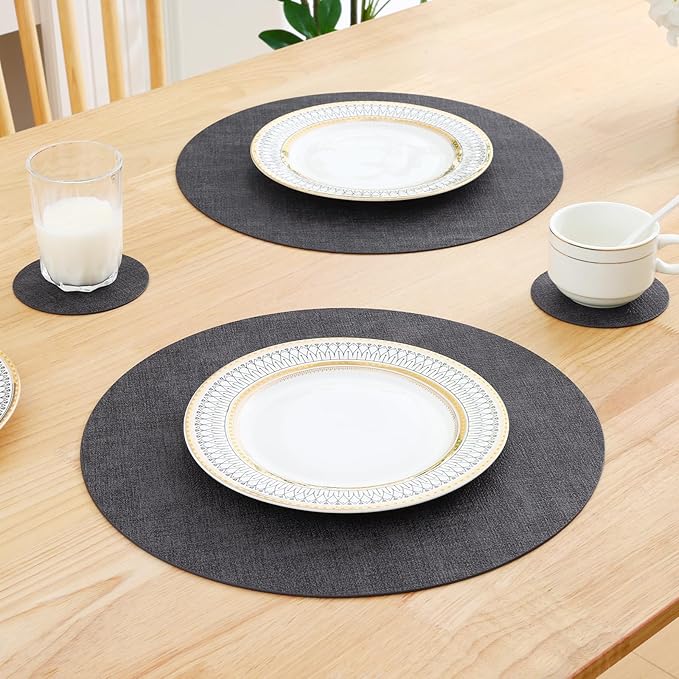 Homaxy Round Faux Leather Placemats and Coasters, Washable Dual-Side Table Mats, Wipeable Heat-Resistant Dining Place Mats for Outdoor and Indoor, Set of 4, Diameter 13 and 3.93 inch, Dark Grey