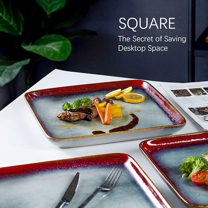 HENXFEN LEAD Square Ceramic Dinner Plates 11 Inch – Large Stoneware Serving Plates Set of 4 for Steak, Pasta & Salad, Microwave & Dishwasher Safe – Reactive Glaze Red