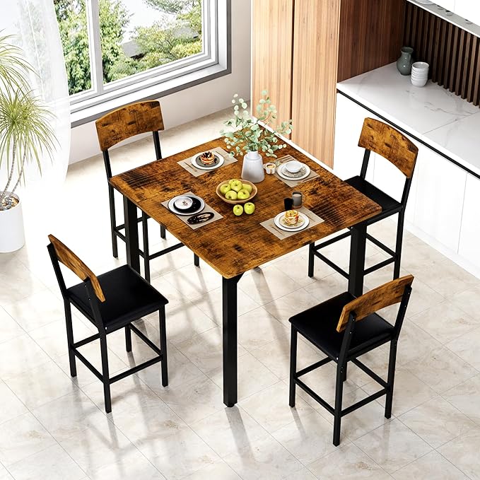AWQM 5-Piece Dining Table Set, Dining Table Set for 4, Counter Height Table & 4 Bar Stools, Modern Kitchen Dining Set, with Upholstered Chairs, Compact Dining Set for Small Spaces (Walnut Color)