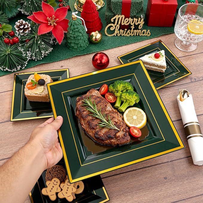 Liacere 100PCS Green and Gold Square Plastic Plates-50PCS Heavy Duty 9.5inch Disposable Dinner Plates and 50PCS 6inch Green Dessert Plate - Gold Plastic Plate for Party&Wedding&Christmas