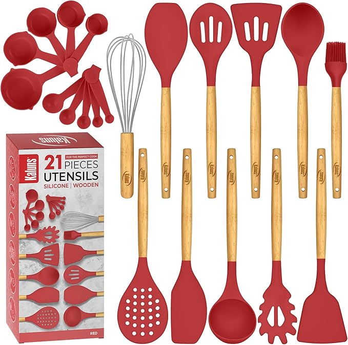 Kitchen Utensils Set, 21 Wood and Silicone Cooking Utensil Set, Non-Stick and Heat Resistant Kitchen Utensil Set, Kitchen Tools