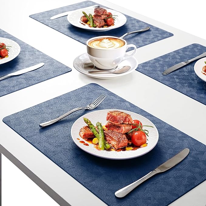 Vinyl Placemats Set of 12 Faux Leather 100% Waterproof Wipeable Washable Place Mats Heat Resistant Easy Clean Non-Slip Table Mats for Indoor Outdoor. (12,Blue)