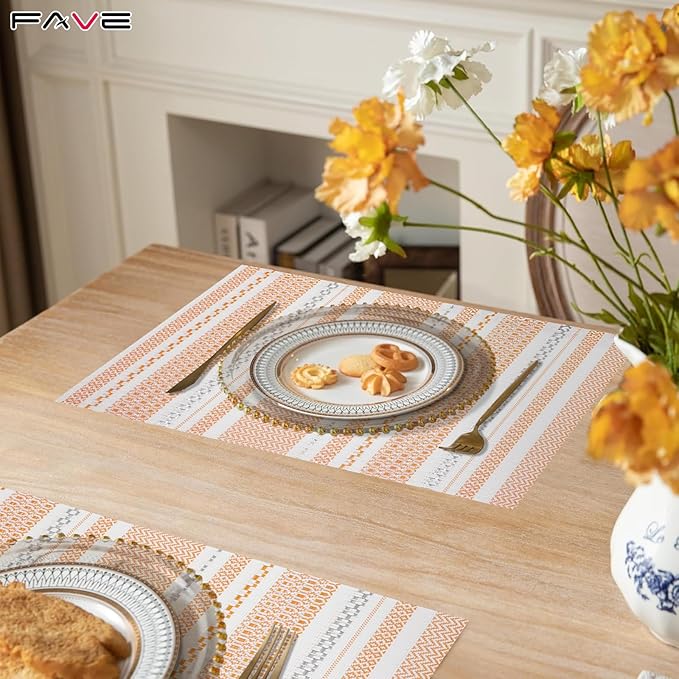 FAVE Boho Vinyl Placemats Set of 4, Durable Woven Place Mats Washable Heat Resistant PVC Table Mats for Parties,Weddings, Dining,Banquet(Orange, 4PCS)