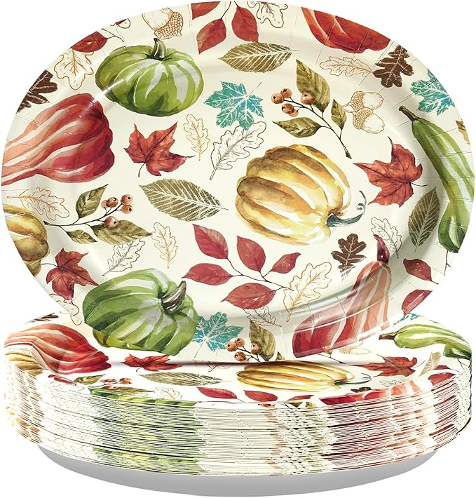50 Pcs Fall Oval Paper Plates 10" x 12" Large Vintage Red Green Pumpkin Plates Disposable Heavy Duty Thanksgiving Platter for Fall Thanksgiving Party Decoration Holiday Harvest Festival Party Supplies