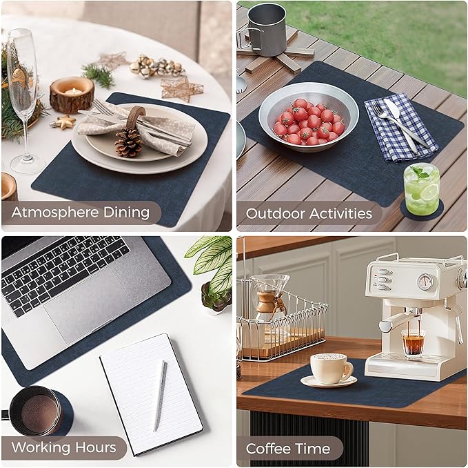 Vinyl Placemats Set of 12, Faux Leather Waterproof and Heat Resistant Place Mats, Washable Anti-Slip Table Mats with Coaster, Wipeable Placemats for Indoor & Outdoor 17" x 12" (Navy Blue, Set of 12)