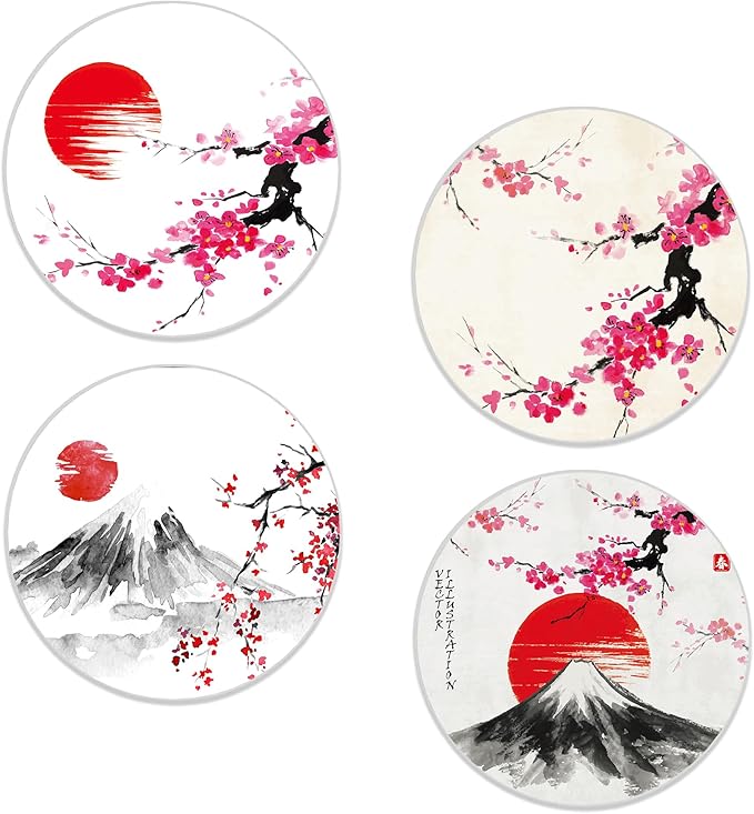 Drinks Coasters Set of 4, Japanese Sun Cherry Blossom Round 4" Cup Coasters, Absorbent Ceramic Stone Coasters with Cork Base, Cute Coasters for Table Home Décor, Ideal Gifts for Women Men