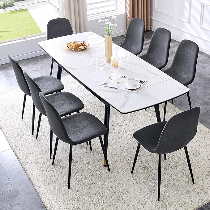 Extendable Dining Table Set for 8, 55'' to 78.8'' Rectangular Thickened Sintered Stone Kitchen Table with 8 Upholstered Chairs, Modern Space Saving 9-Piece Dinner Table Set