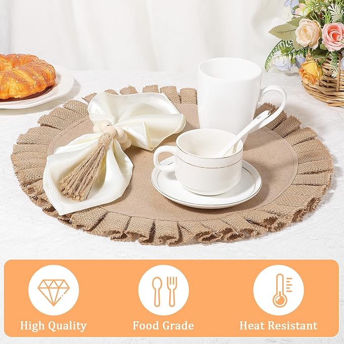 18 Pcs Round Natural Burlap Placemats, Wooden Bead Napkin Rings with Cloth Dinner Napkins, Heat Resistant Jute Placemat Set Boho for Wedding Dining Table Decor