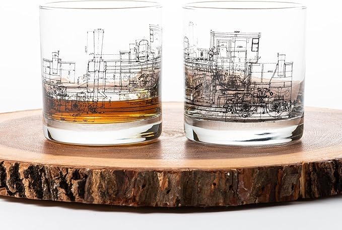 Black Lantern Whiskey Glass Set – 11oz Old Fashioned Tumblers for Bourbon, Scotch & Cocktails, Heavy Base Rocks Glasses Featuring Detailed Locomotive Blueprint Design, Great Gift for Men & Engineers
