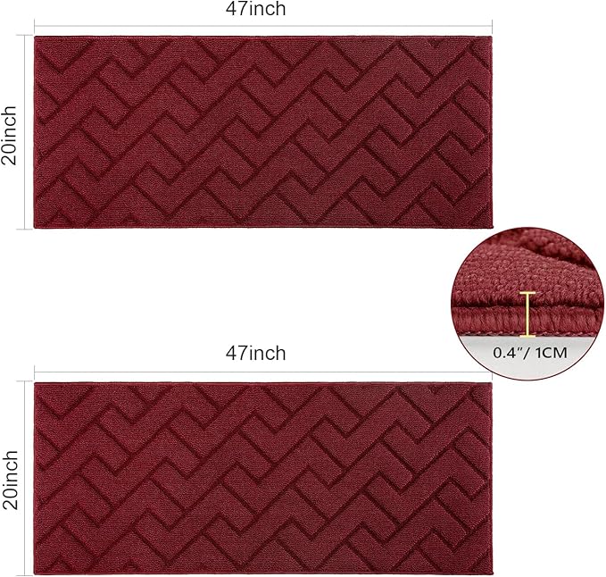 hicorfe Kitchen Rugs and Mats Sets,Non-Slip 2 Pieces Absorbent 100% Polypropylene Rug,Comfort Kitchen Runner Mat,Washable for Kitchen,Sink,Laundry(20" x 48"+20" x 48",Red)