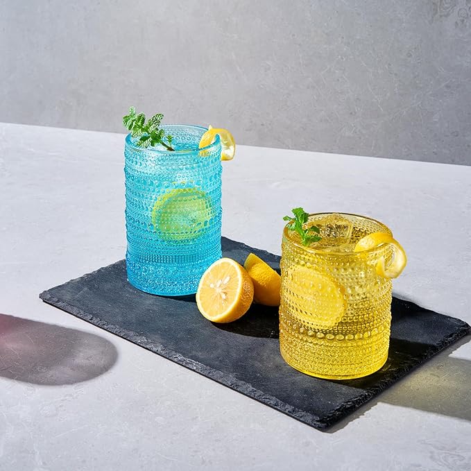 Khen Hobnail Beaded Highball Drinking Tumbler Glasses | Set of 12 | Color, Vintage Bubble Design Whiskey Glassware, Old-Fashioned, Embossed Design for Water, Wine, Cocktail Embossed, Rocks Glass