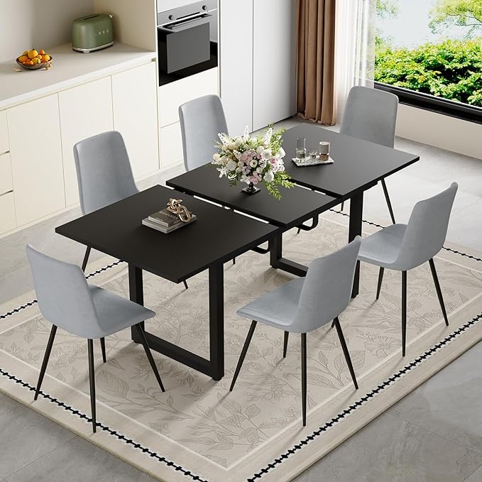 Extendable Dining Table Set for 4, 55"–71" Modern Black Kitchen Table with 4 Upholstered Chairs, Space-Saving for Living Room Apartment, Sturdy & Comfortable, Easy Assembly