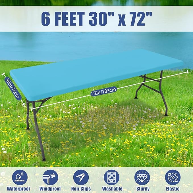 Spandex 6 Foot Rectangle Table Cloth 2 Pack, Elastic Fitted Tablecloths for Picnic, Stretch Washable Patio Table Cover for Outdoor, Camping, Banquet and Parties (Blue Mist, 30"x72")