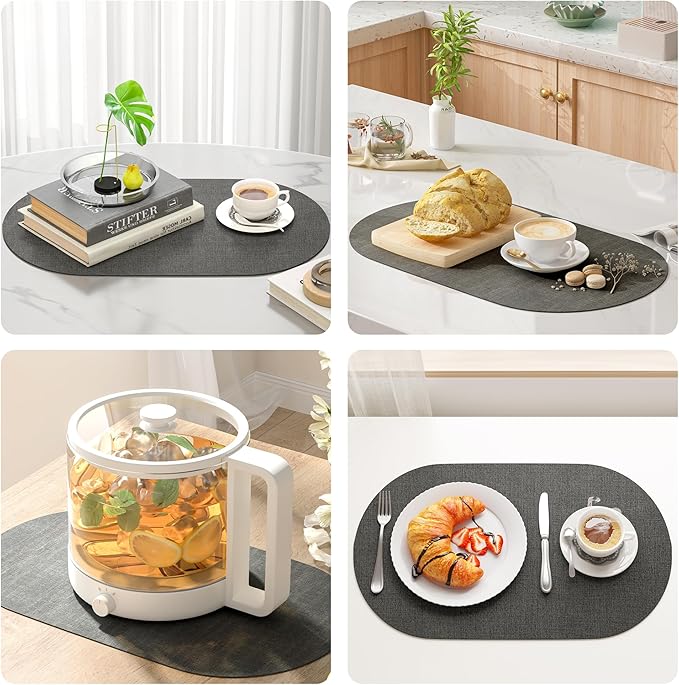 DOLOPL Placemats Set of 6, Oval Reversible Wipeable & Heat Resistant Place Mats, Modern Faux Leather Table Mats for Kitchen, Neutral Tablemats for Dining Table Decor, Wedding, Party(Charcoal)