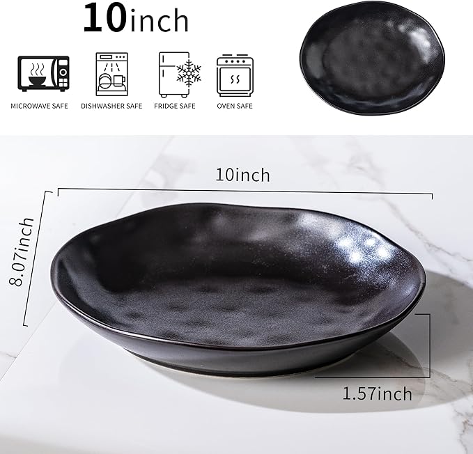 Ceramic Bowls Set of 2, Handcrafted Ceramic Plates Set | 10" Oval Serving Dishes Bowls | Large Serving Bowl Wide Shallow Bowl for Pasta, Salad, Cereal, Soup & Microwave & Dishwasher Safe, Matte Black