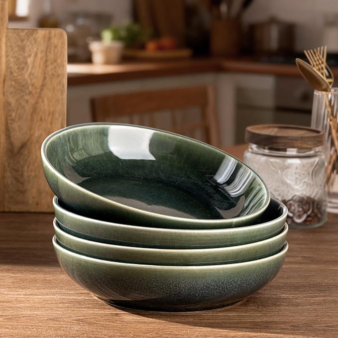 AmorArc 8.5'' Large Ceramic Pasta Bowls, 36oz Stoneware Pasta Serving Bowls Set of 4 for Kitchen, Wide Bowls for Pasta,Salad,Oatmeal, Microwave Safe, Reactive Glaze-Earth Green