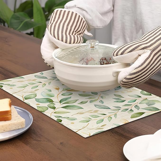 Placemats12x18 Inch,Eucalyptus Leaves Placemats,Sage Green Leaf Kitchen Dining Coffee Table Mats Set of 6 for Home Indoor Outdoor Party