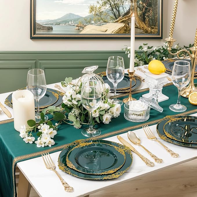 102PCS Green Plastic Plates - Green and Gold Plates - Fancy Heavy Duty Disposable Plate - Heavyweight Dinner & Dessert Plate for 51 Guests for Party & Wedding
