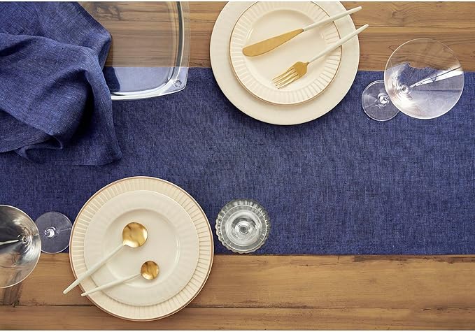 Solino Home Linen Short Table Runner 36 Inches - Athena, 100% Pure Linen Chambray Navy Table Runner 14 x 36 Inch Ideal for Dresser and Coffee Tables - Winter, Spring