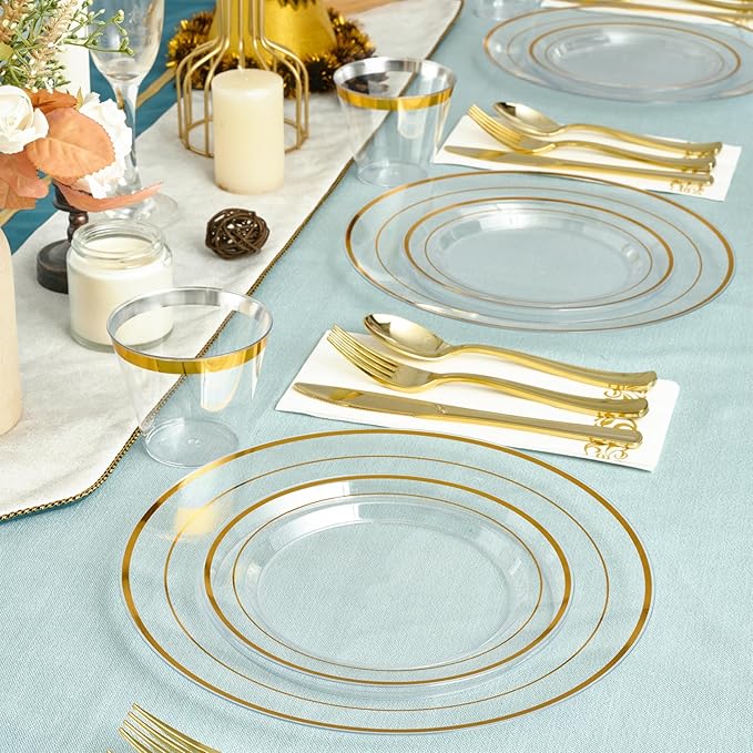 FOCUSLINE 350 Count Clear Dinnerware Set for 50 Guests- Clear Plastic Plates with Gold Rim, Includes Disposable 50 Dinner & Salad Plates, Cups, Napkins and Cutlery Set