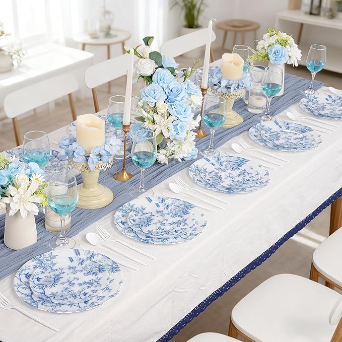 EI 60pcs Blue Plastic Plates Disposable Heavy Duty,Blue and White Floral Disposable Plates,10.25" Dinner & 7.5" Dessert Plate,Natural Fresh and Elegant Decorations for Birthdays/Tea Party/Wedding