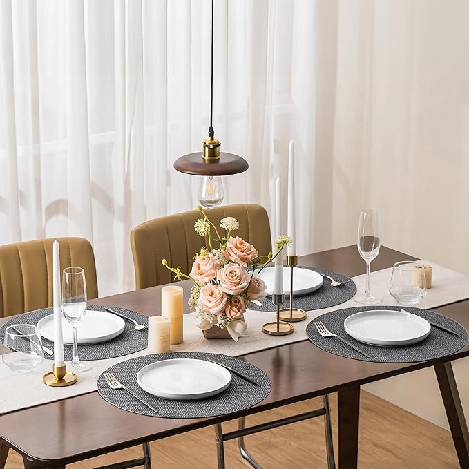 Jovono 15" Faux Leather Big Round Placemats Set of 8 - Washable Heat Resistant Non-Slip Dining Table Mats with Fabric Texture for Kitchen Home Party Decor, Gray