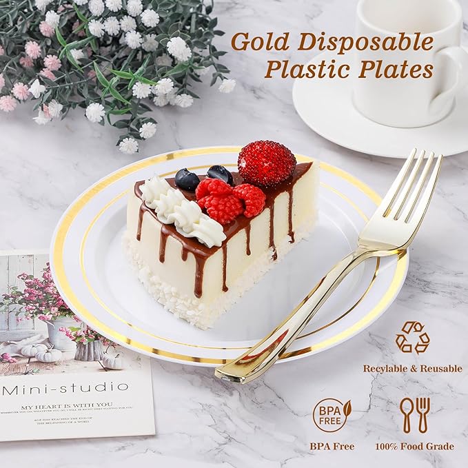 BESTVIP 100PCS Gold Plastic Plate, 7 Inch Disposable Dessert Plate Party with Gold Rim, Heavy Duty Disposable Plastic Plates for Party, Wedding and Birthday