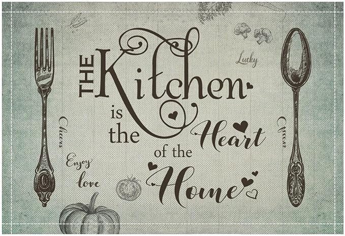 Retro Farmhouse Placemat Set, Minimal Green Gradient Rustic Plank Art Sketch Cutlery Knife Fork Inspirational Quotes Pattern Home Decor Linen Table Mats for Dining Room Kitchen Party (17x12in) x6P