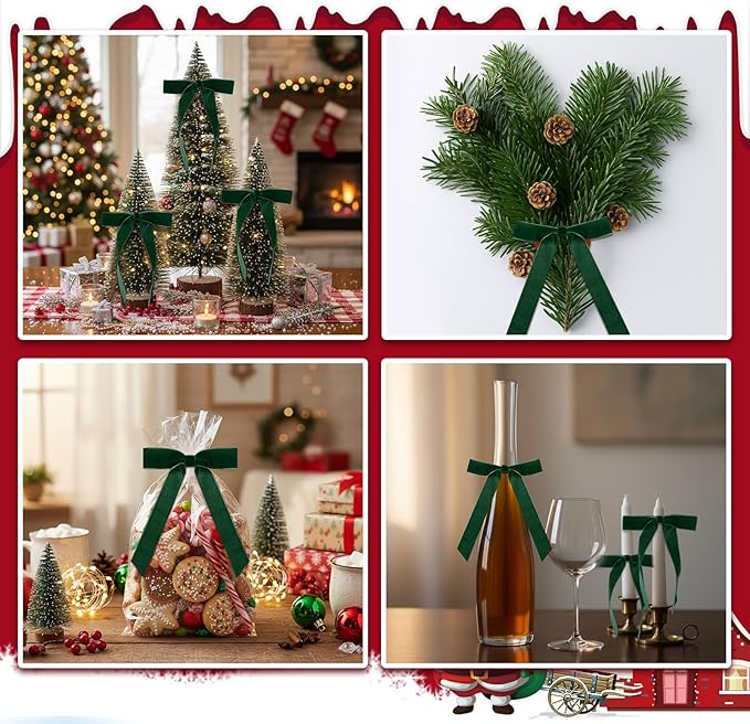 Riceshoot Velvet Bow Napkin Rings Bows with Gold Semicircle Metal Napkin Ring Velvet Bow Holder for Wine Bottles Table Settings Candlestick Wedding Valentine's Day Dinner(Green,12 Pcs)