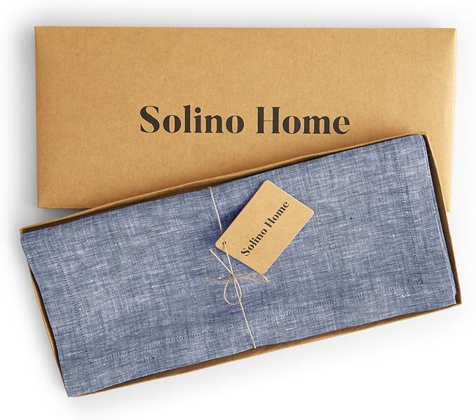 Solino Home Linen Small Table Runner 48 Inches - Athena, 100% Pure Linen Chambray Indigo Table Runner 14 x 48 Inch Ideal for Dresser and Coffee Tables - Winter, Spring, Easter