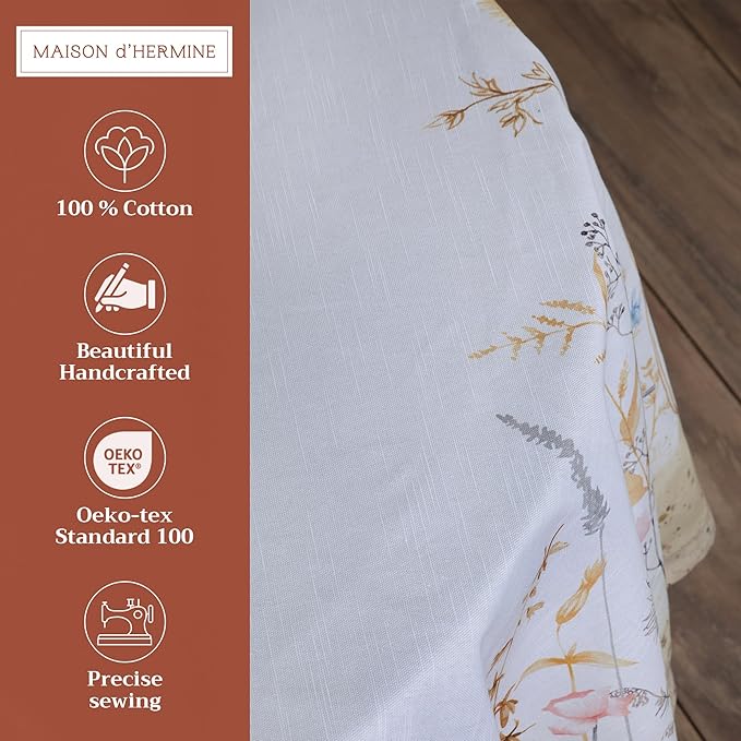Maison d' Hermine Table Cloth Round Table 100% Cotton 63 Round Inches Tablecloth Reusable Decorative for Dining Room Farmhouse Home Valentines Day Decorations Spring Summer - Meadow Florals - Beige