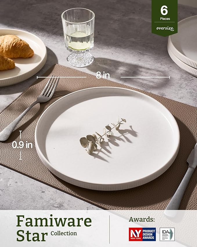 famiware Star Salad Plates for 6, 8 inches Plate Set, Stoneware Dinnerware, Small Dinner Plates for Dessert, Salad, Appetizer, Matte White