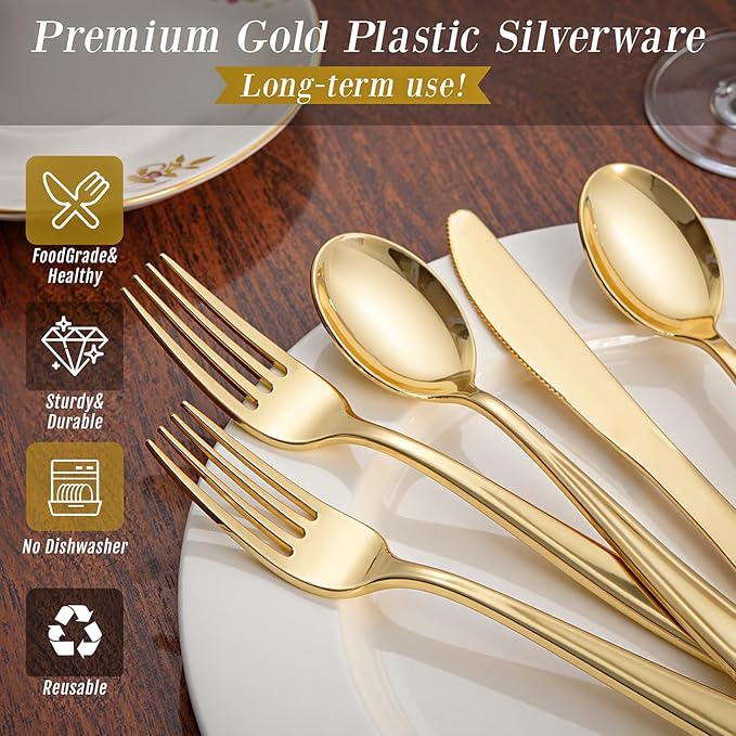 WDF300 Pieces Gold Plastic Silverware - Heavy Duty Disposable Cutlery Set Plastic Gold Silverware Set Includes 100 Forks, 100 Spoons, 100 Knives for Party Valentine’s Day