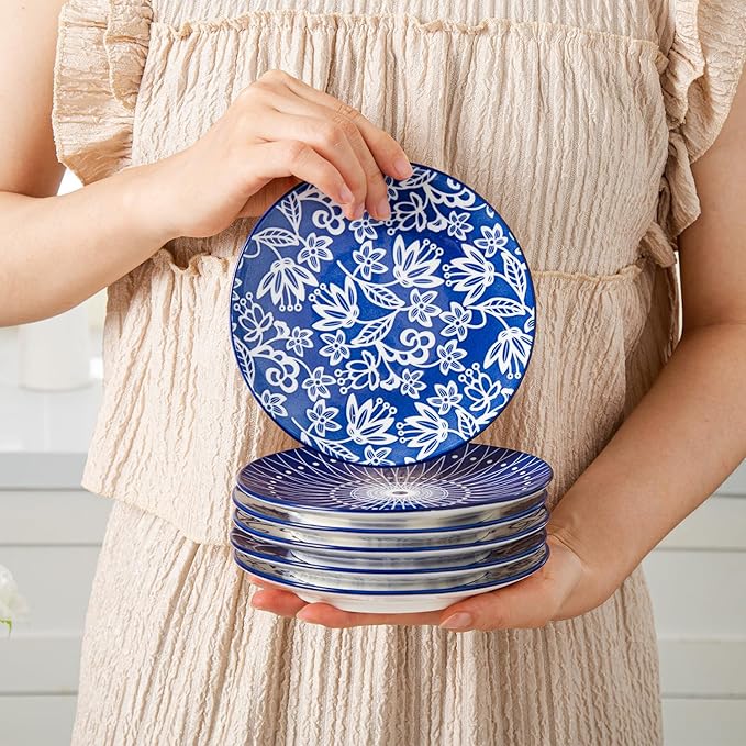 Ceramic Dessert Plates Set - 6 Inch Mini Appetizer Plates for Kitchen - Small Salad Plate for Cake Snacks Side Dish, Microwave Dishwasher Safe, Gift, Vintage Blue